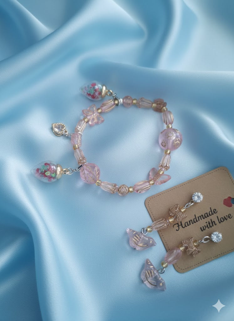 Rosé Garden Beaded Charm Bracelet and Earring Sets