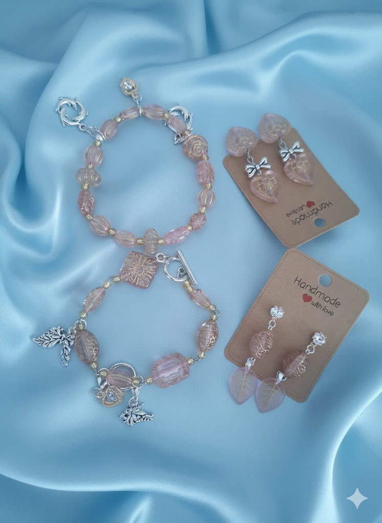 Rosé Garden Beaded Charm Bracelet and Earring Sets